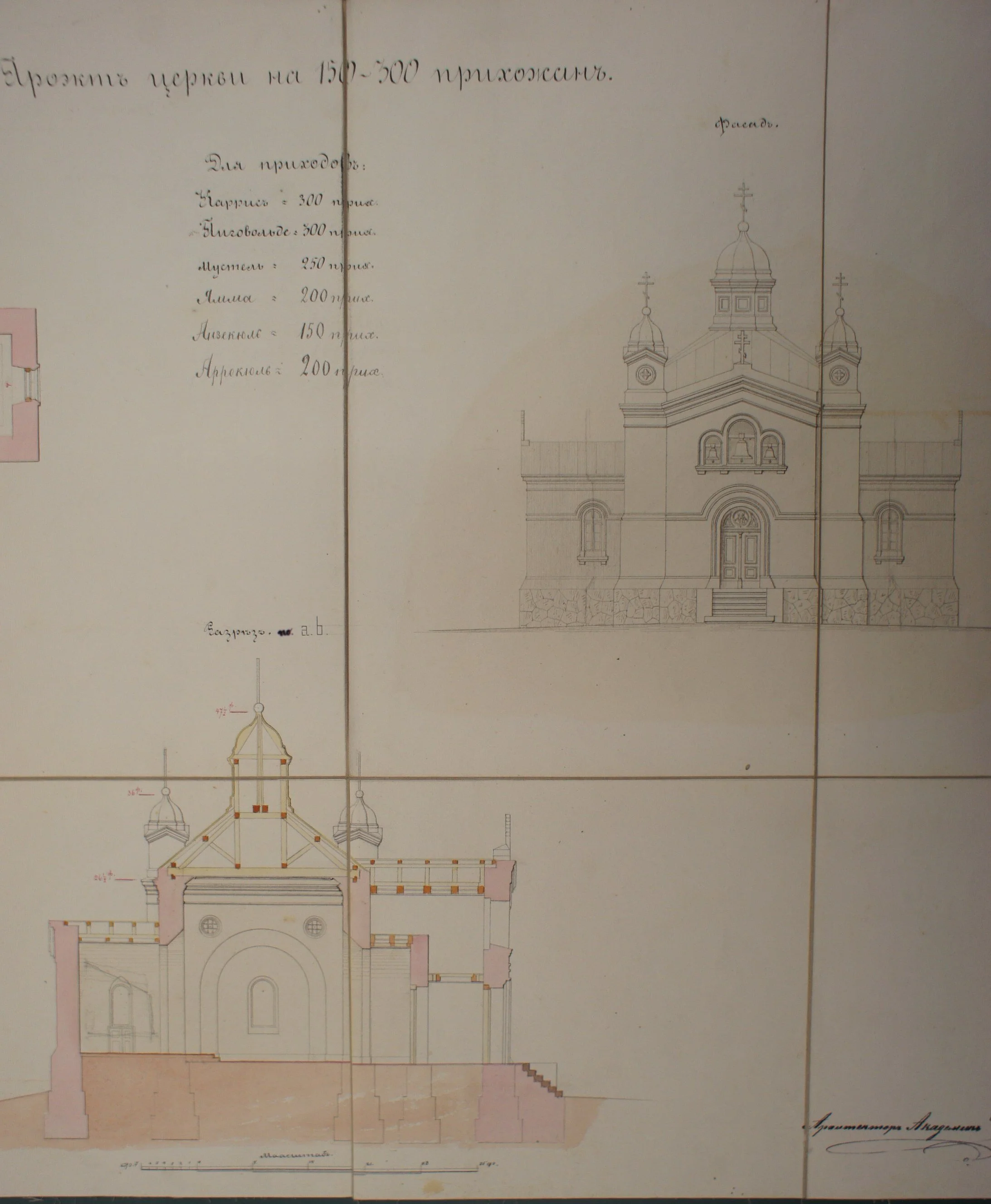 Blueprints of a church for 150-300 parishioners (front)