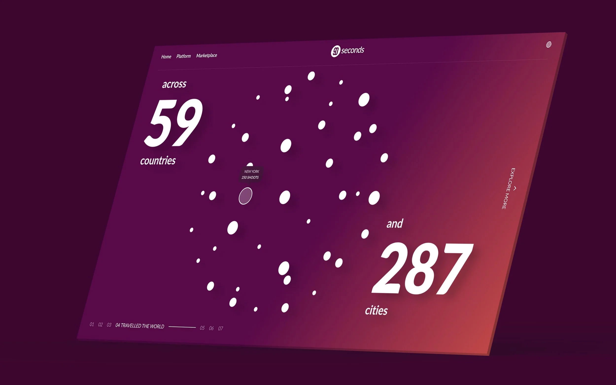 We turned the global stats into a living dot map to highlight movement and showcase 90 Seconds’s worldwide reach.