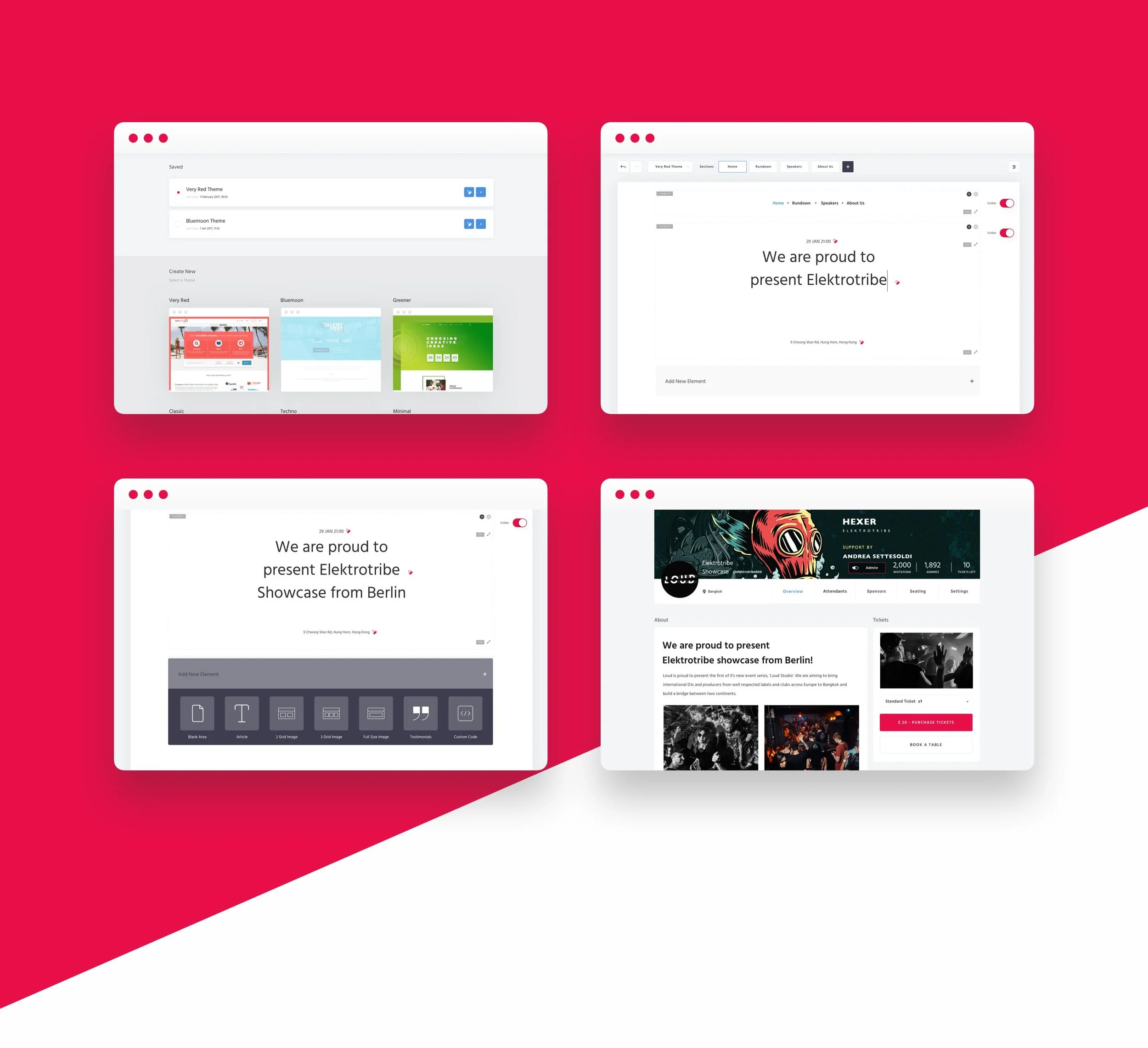 WYSIWYG editor structured around reusable design patterns, ensuring consistency while giving users freedom to shape event pages like full websites.