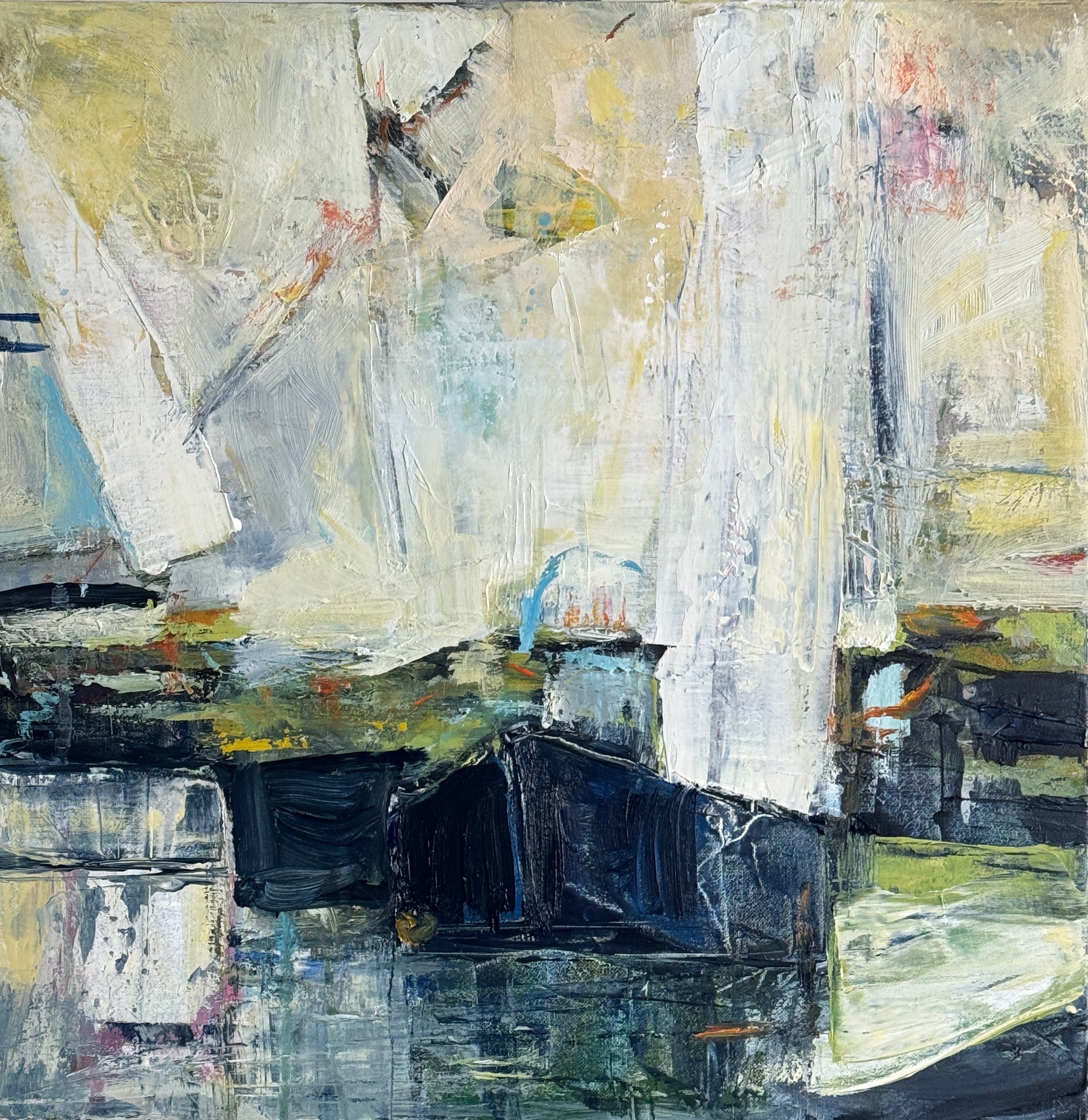 INLET WITH BOAT , 40X40CM, MIXED MEDIA ON CANVAS
