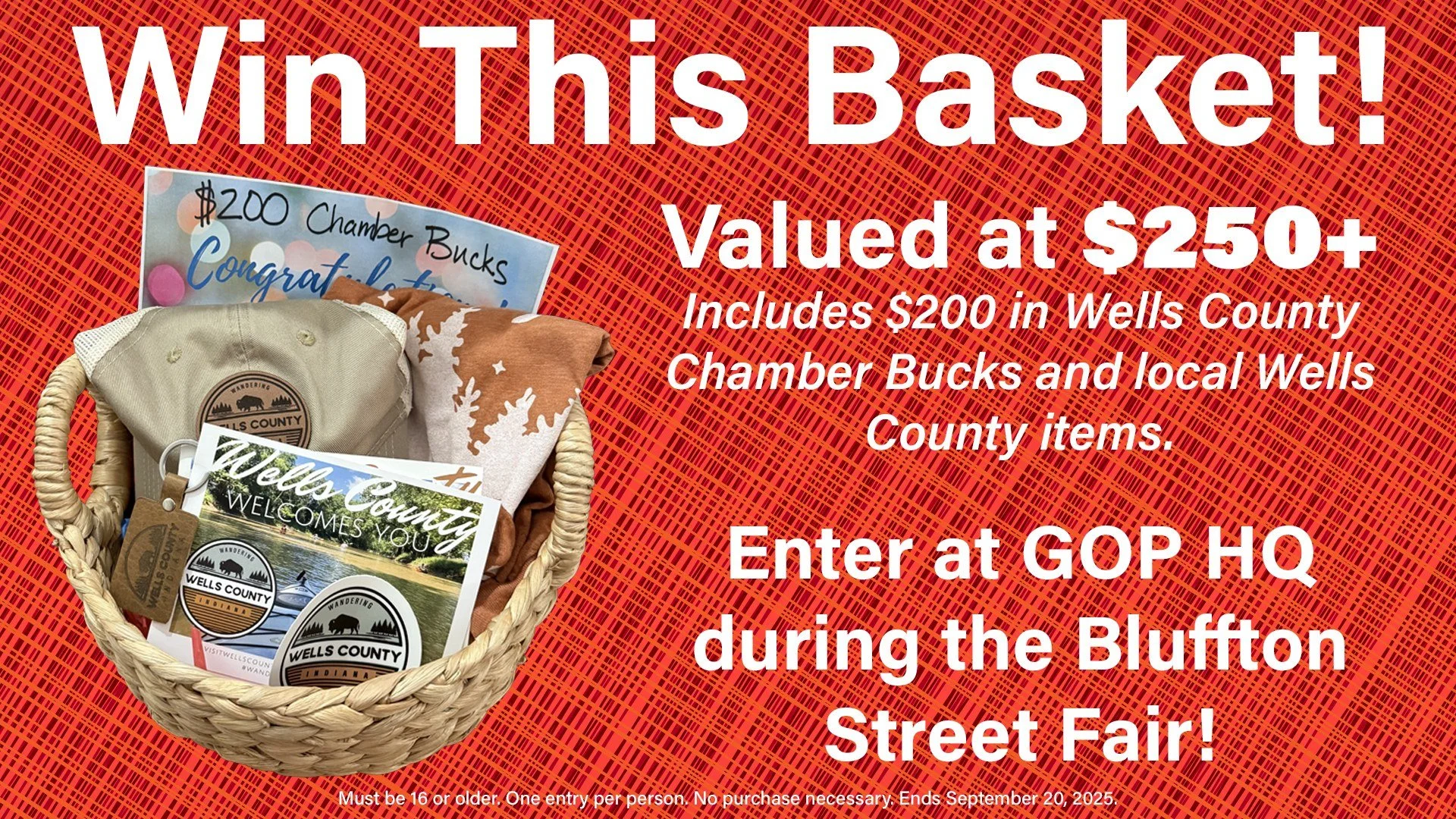 🎉 Big Giveaway at GOP HQ! 🎉

We&rsquo;re giving away a prize basket valued at over $250 during the 2025 @blufftonstreetfair!

It&rsquo;s filled with local Wells County items and includes $200 in @wellscountychamber Bucks.

Stop by GOP HQ (corner of