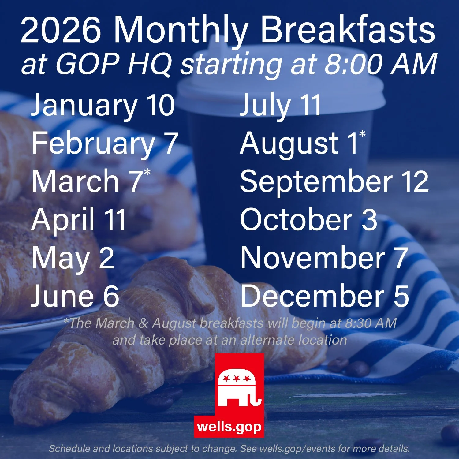 We&rsquo;re excited for the year ahead! Mark your calendar for our 2026 monthly breakfasts.

Breakfasts will be held at GOP HQ in Bluffton throughout the year, with special stops in Markle in March and Ossian in August.

If you&rsquo;ve never joined 