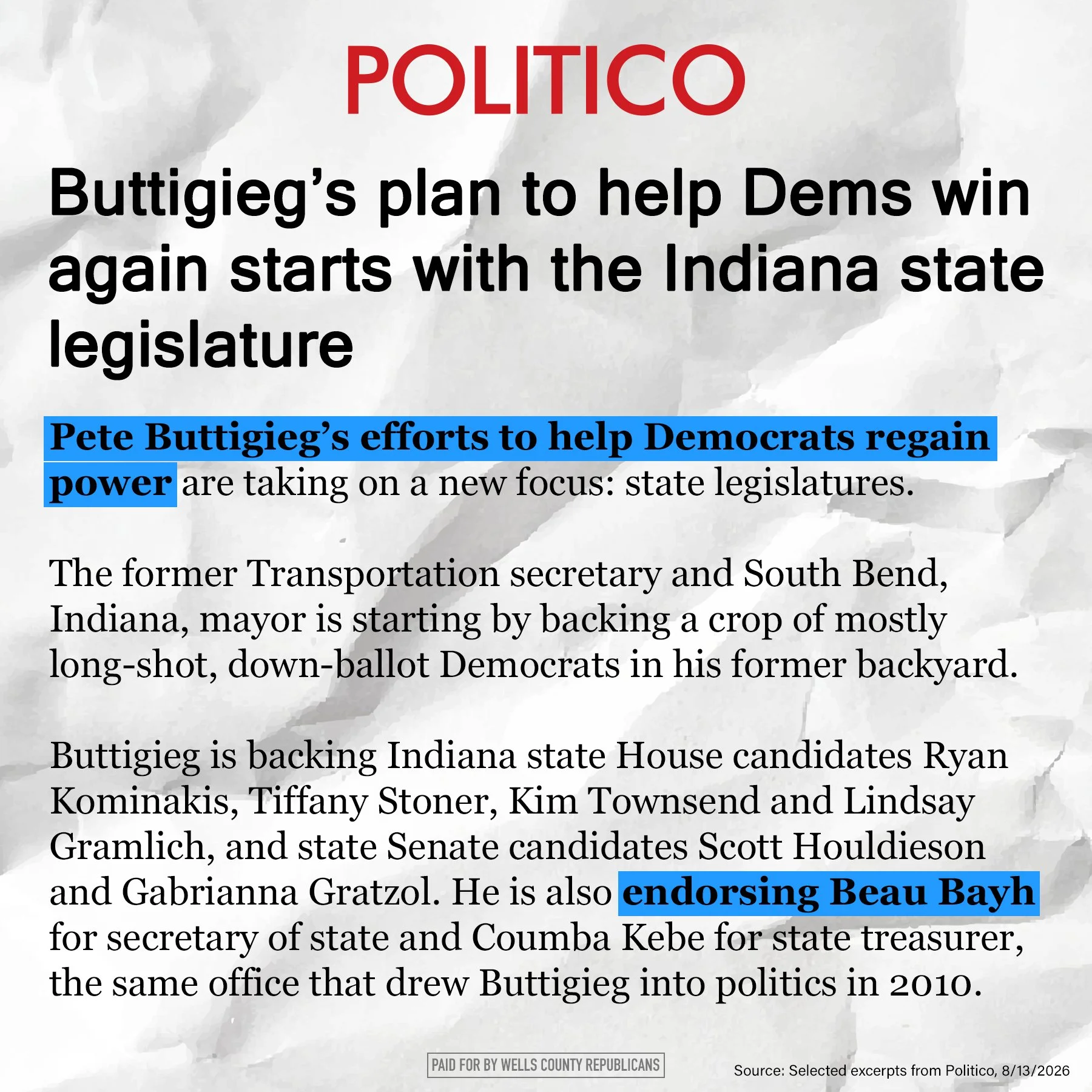 Democrats are making a serious push to flip Indiana's Secretary of State office. Now Pothole Pete is getting involved by backing Democrat Beau Bayh.

Buttigieg left Indiana for Michigan, but apparently he still wants a say in Indiana politics. His in
