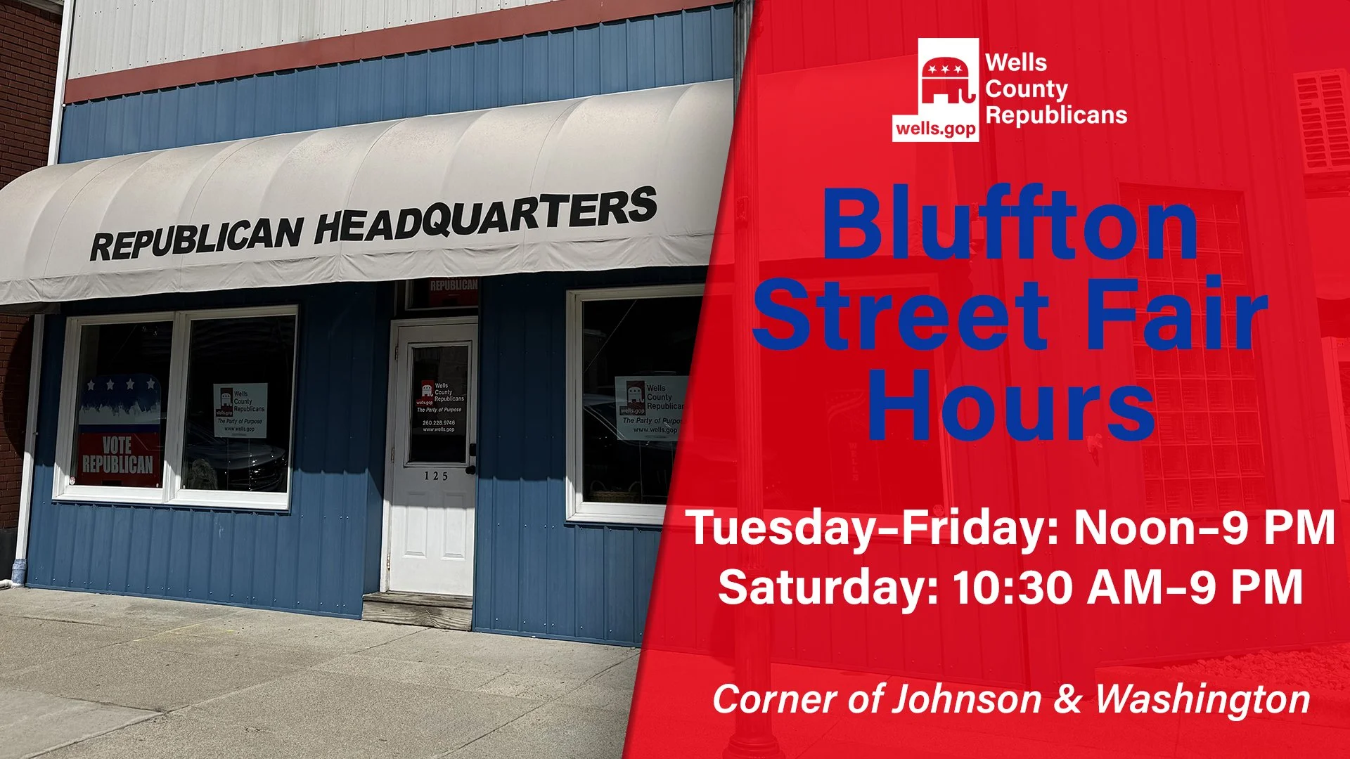 Republican HQ is open this week for the Bluffton Street Fair!

Stop by Headquarters while you're at the fair. It's the best place to enjoy your fair food in the air conditioning, use the restroom, and get the cheapest drinks at the fair!

We'll also 
