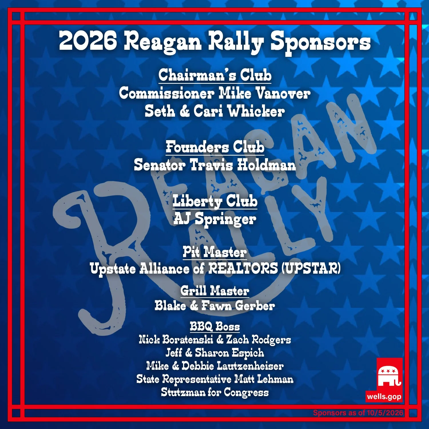We're excited for the 8th Annual Reagan Rally tomorrow! We could not make this event happen without our generous sponsors. THANK YOU for your support!