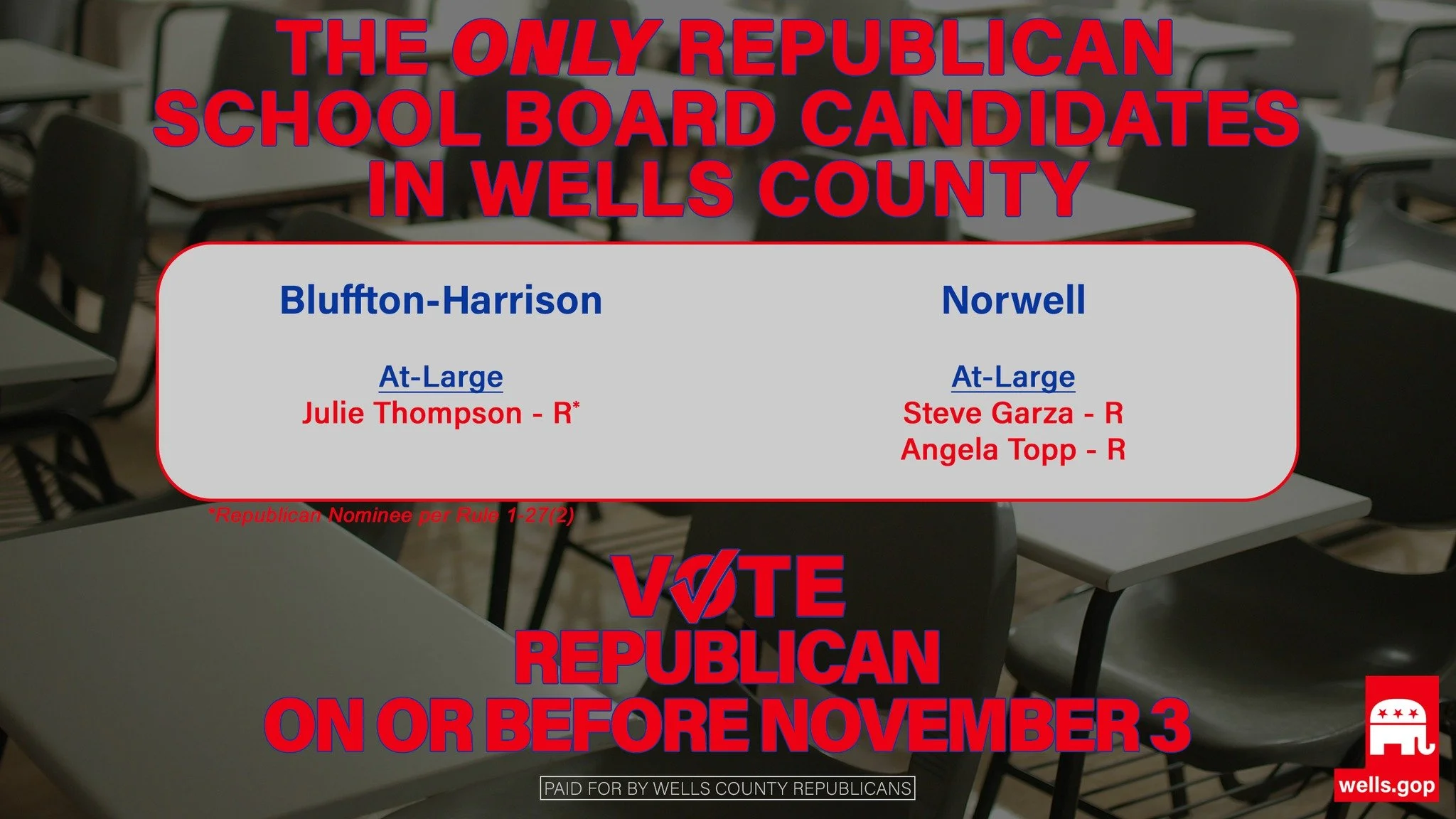 Let's be clear: there are 𝒐𝒏𝒍𝒚 three school board candidates in Wells County running as Republicans. They are listed in this graphic.

If anyone else claims to be running as a Republican, they're misleading you. When filing, every candidate had t