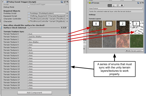 When applying to your own project, ensure to correctly sync the Foley surface terrain triggers with the Unity terrain system as shown above. It’s also possible to set the interval time for checking the terrain surface. This is also possible on the “Raycast_SurfaceCheck” prefab for game object surface checking.