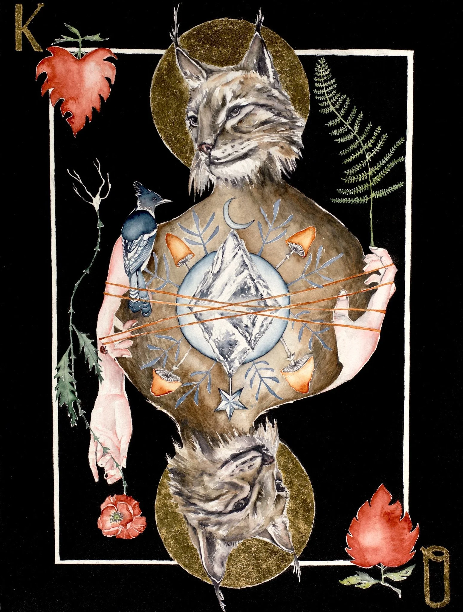 Lynx Icon, Original watercolour painting with hand applied gold leaf. Painting measures 25”h x 20”w