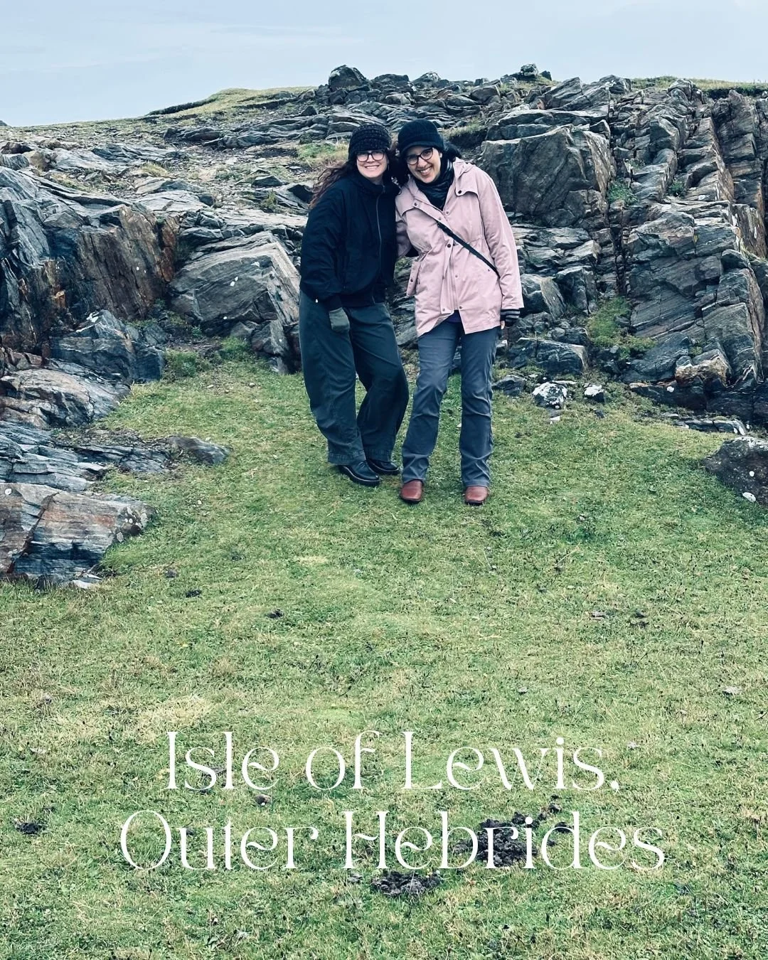 Leslie and Gigi on the windswept shore of the Butt of Lewis, Isle of Lewis, Scotland