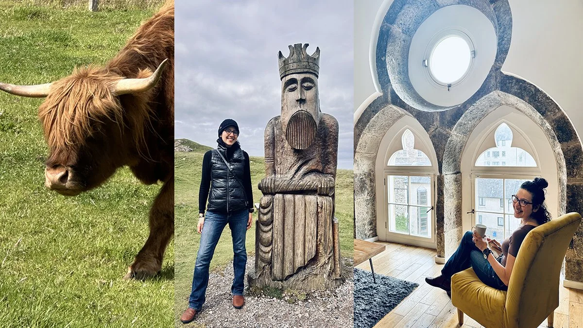 A Highland cow, a chessman statue on the Isle of Lewis, and Gigi writing in an Edinburgh flat.