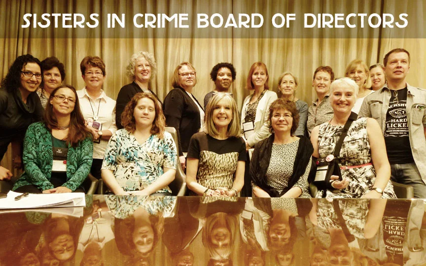 Back row: Gigi Pandian, Debra Goldstein, Martha Reed (departing), Julie Hennrikus, Beth Wasson (executive director), Frankie Bailey (departing), Lori Roy, G.M. GM Malliet, Laura DiSilverio, Susan Shea, Diane Vallere, Simon Wood (departing) – Front: Sarah Glass (web maven), Cari Baker Dubiel, Hank Phillippi Ryan (departing), Leslie Budewitz (incoming president), Catriona McPherson (last year’s president)
