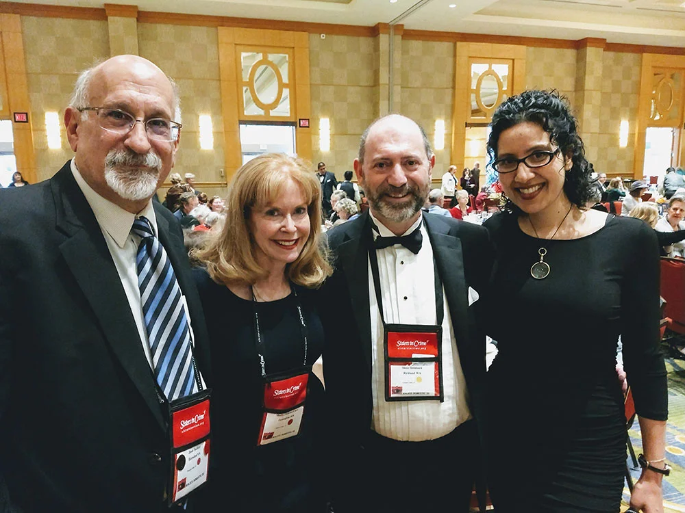 At the Agatha Banquet with fellow short story enthusiasts Josh Pachter, Shelly Dickson Carr, and Steve Steinbock.