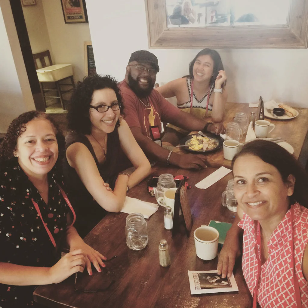 Crime Writers of Color breakfast with old friends and new. L-R Elizabeth Mahon, me, Shawn Cosby, Vera Chan, Sujata Massey, and Naomi Hirahara (who’s taking the photo).