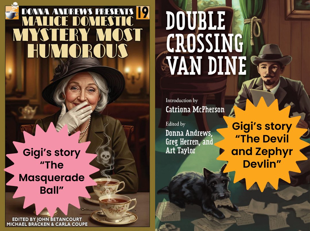 Collage of book covers: Malice Domestic Mystery Most Humorous with Gigi Pandian's short story "The Masquerade Ball" and Double Crossing Van Dine with Gigi Pandian's short story "The Devil and Zephyr Devlin"