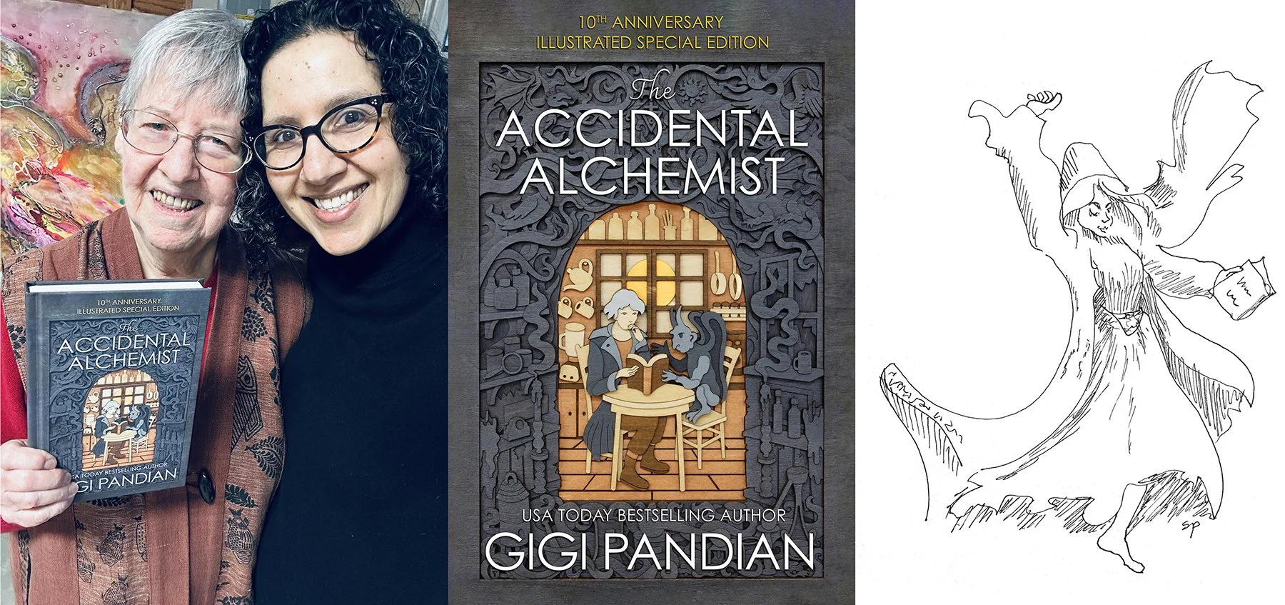 Collage of Gigi Pandian and her artist mom Sue Parman, book cover of the 10th anniversary illustrated special edition of The Accidental Alchemist, and one piece of Sue Parman's character art