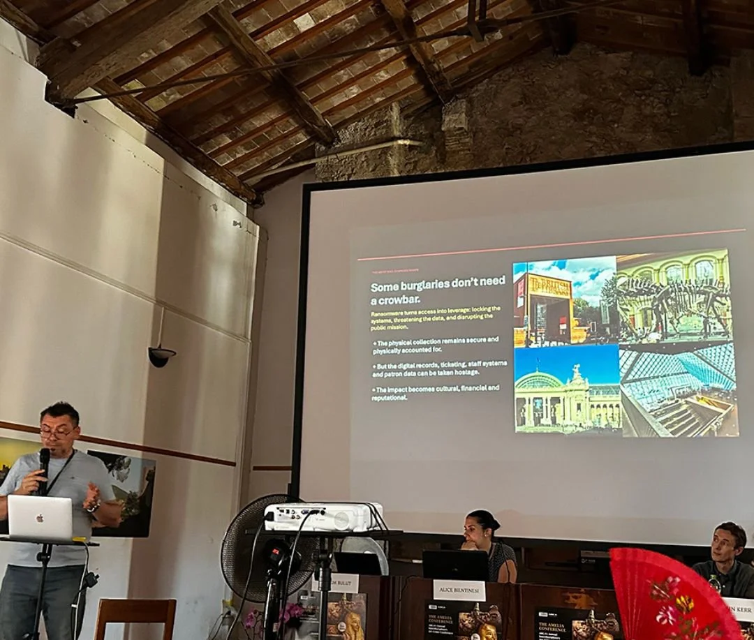 Security consultant Ibrahim Bulut's presentation, with a slide that says "Some burglaries don't need a crowbar"