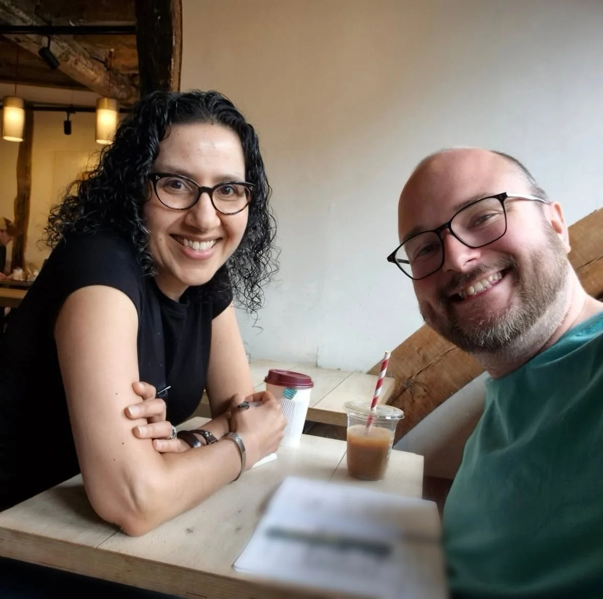 Gigi Pandian and Tom Mead at an Oxford cafe