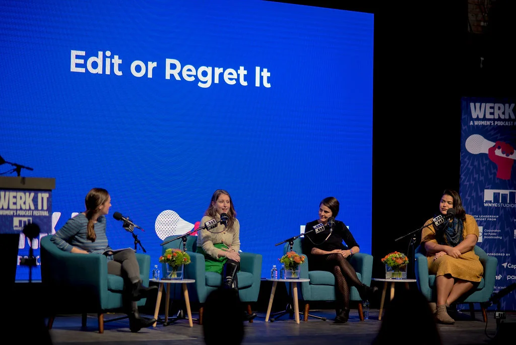 “Edit or Regret It,” a panel at Werk It 2018 — A Women’s Podcast Festival. From left: moderator Phia Bennin (Senior Producer, Reply All), Jenny Lawton (Senior Editor, WNYC Studios), Wendy Dorr (Editor, New York Times), and Emanuele Berry (Associate Editor, The Nod)