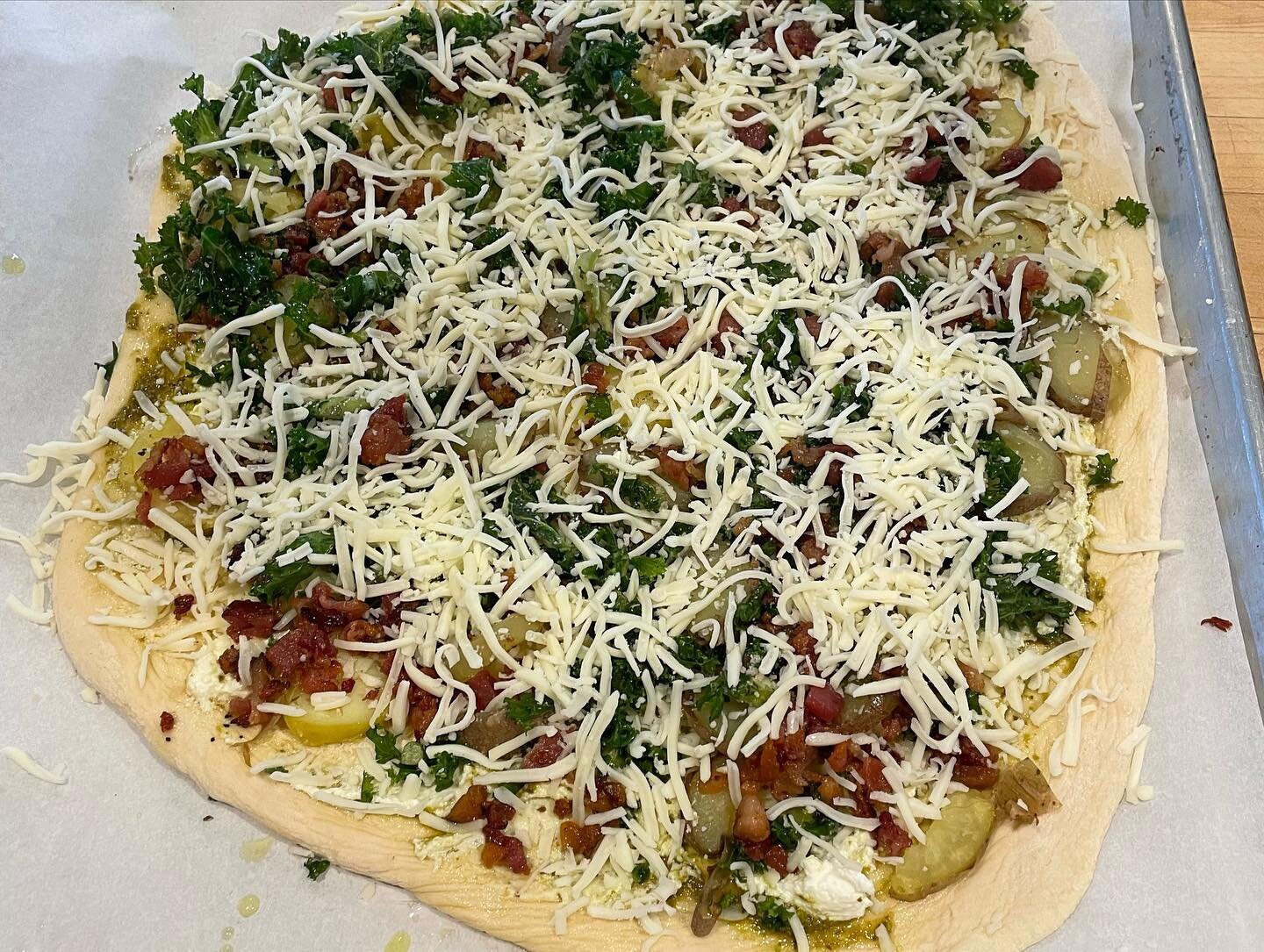Sometimes I make more than breakfast!! Kale-potato-bacon pizza!!!