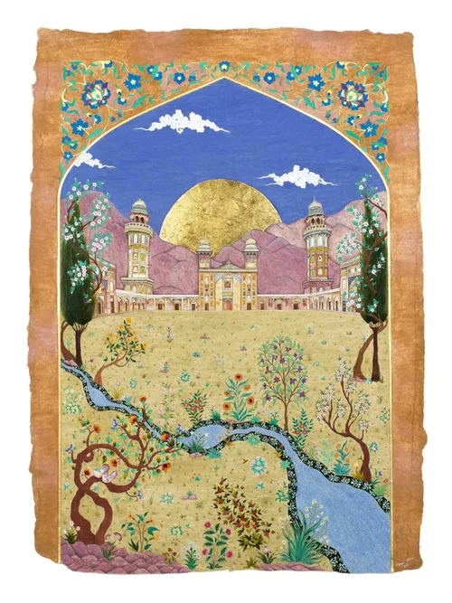 Garden of Reflection by Mobeen Akhtar: a river, flowering trees and a mosque beneath a gold sun.