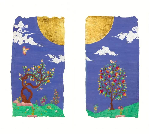Reunion by Mobeen Akhtar: birds and trees beneath a divided gold sun.
