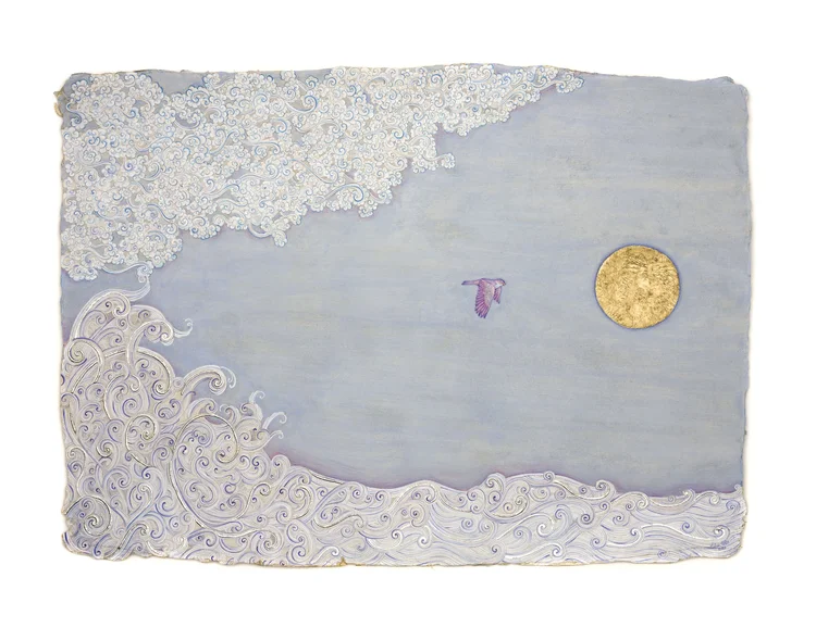 Solace by Mobeen Akhtar: a purple bird and gold circle within an intricate scrolling border.