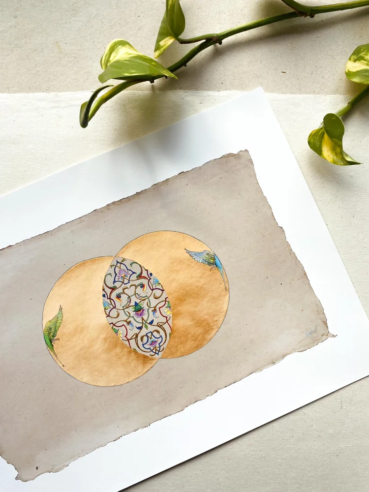 Garden of Union by Mobeen Akhtar, showing birds and floral vines within overlapping gold circles on cream paper.