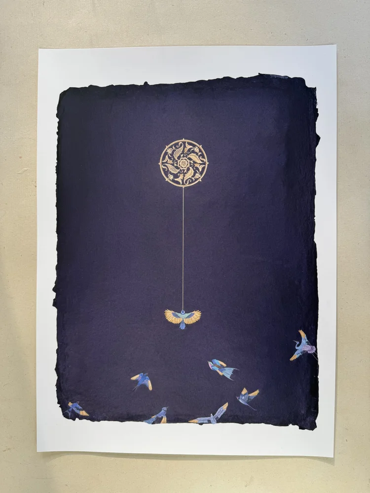 Sirat — The Path by Mobeen Akhtar, showing birds beneath a gold circular motif on a dark blue background.