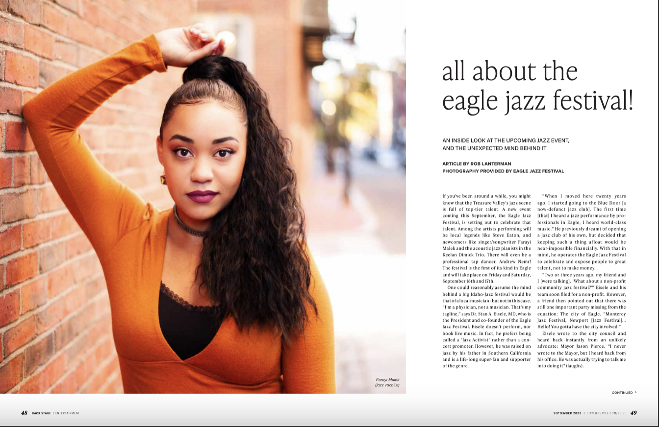 Farayi Malek, jazz vocalist, leaning on a wall with her elbow while looking directly into the camera. To the right of this picture, the article starts.