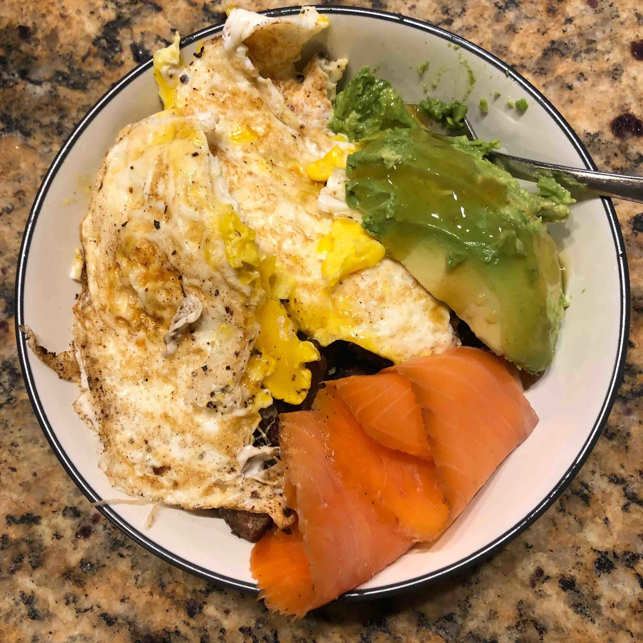 Fried Eggs, Roasted Potatoes (re-heated), Avocado, Smoked Salmon