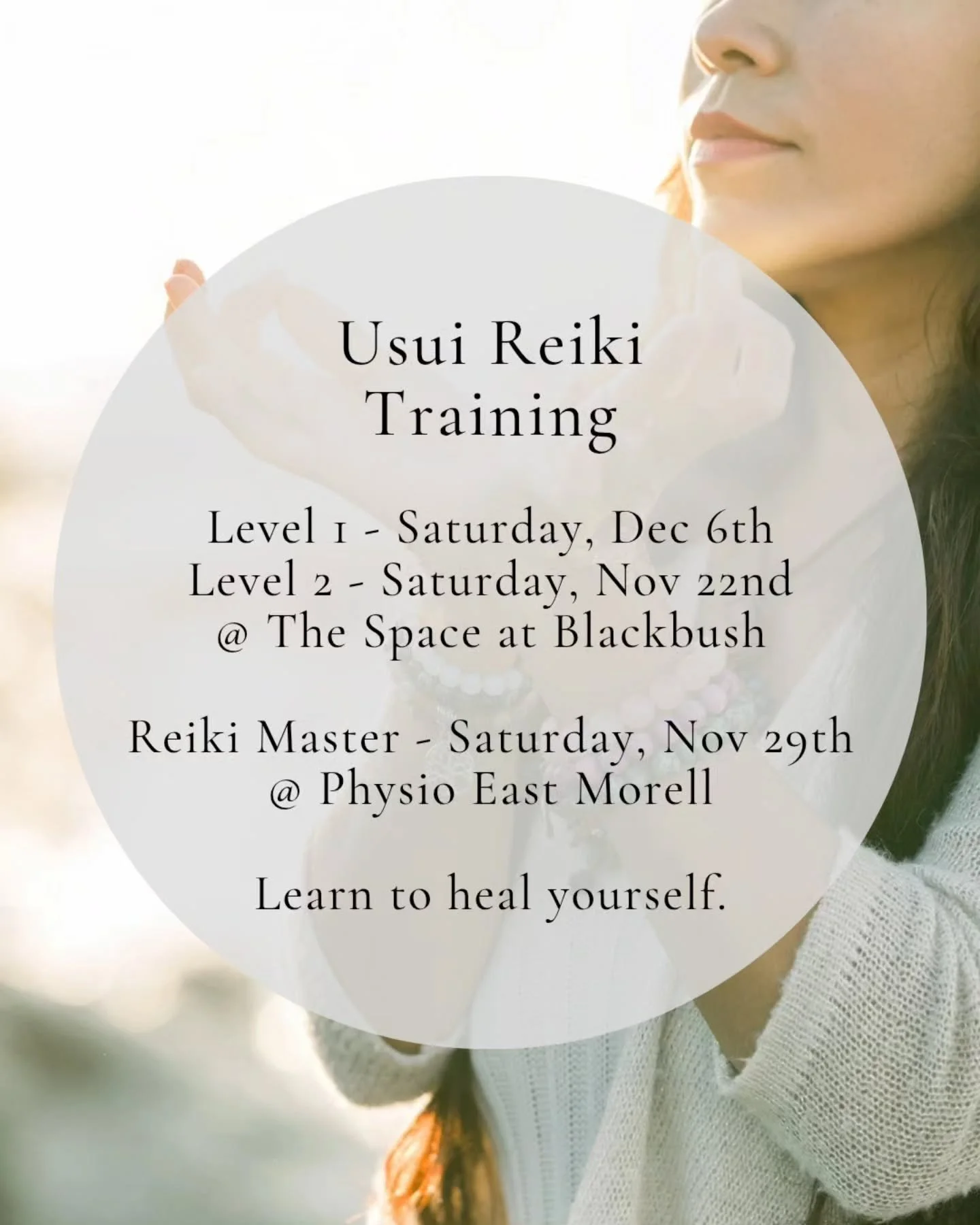 Feeling the nudge to take your next step in Reiki?

Here&rsquo;s what&rsquo;s coming up this month ✨

💗 Reiki Level 1 &ndash; Saturday, December 6th
Begin your Reiki journey and learn to connect with this gentle, healing energy for self-care and bal