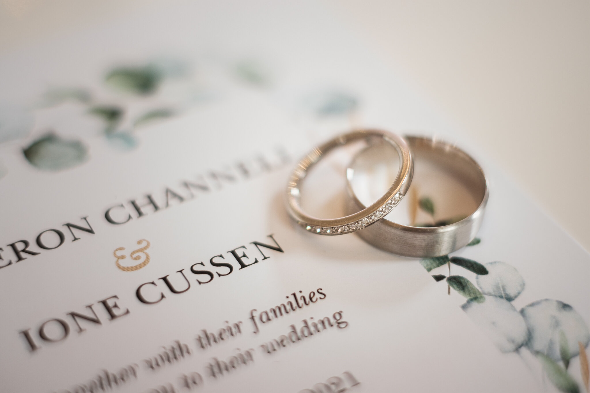 Bride and Groom's wedding rings on invitation