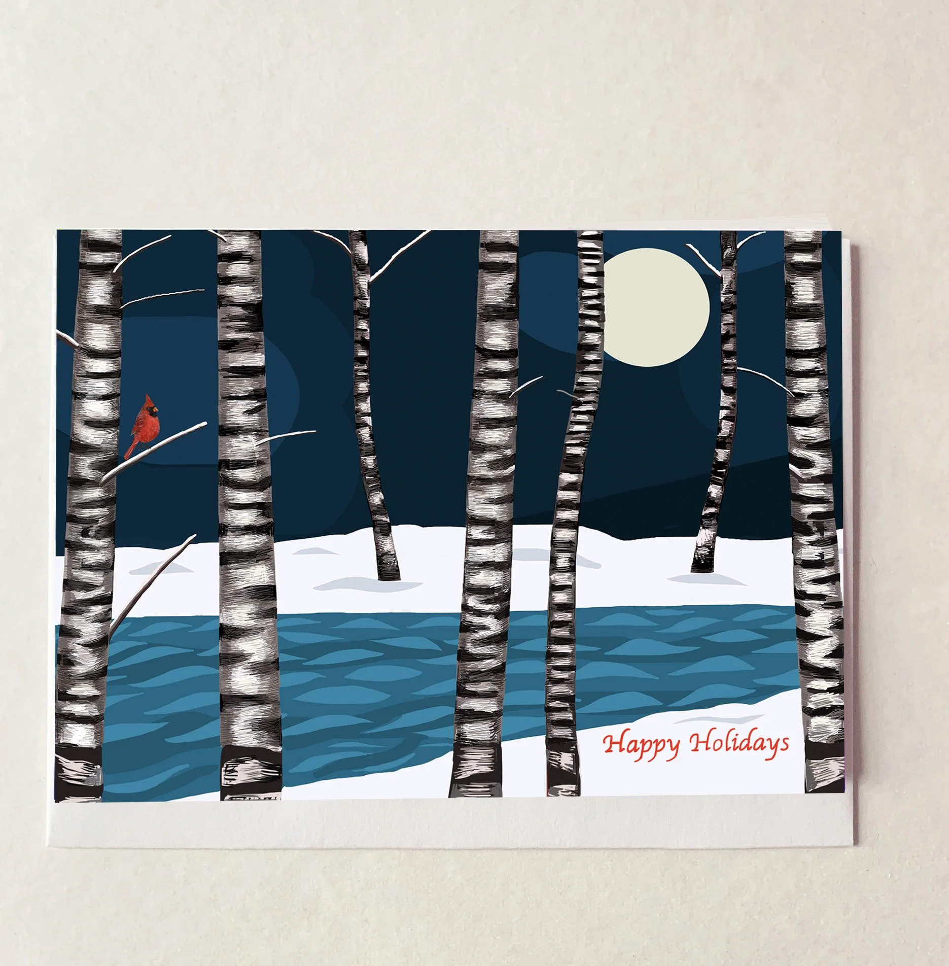 Birch Trees and Cardinal Holiday card
