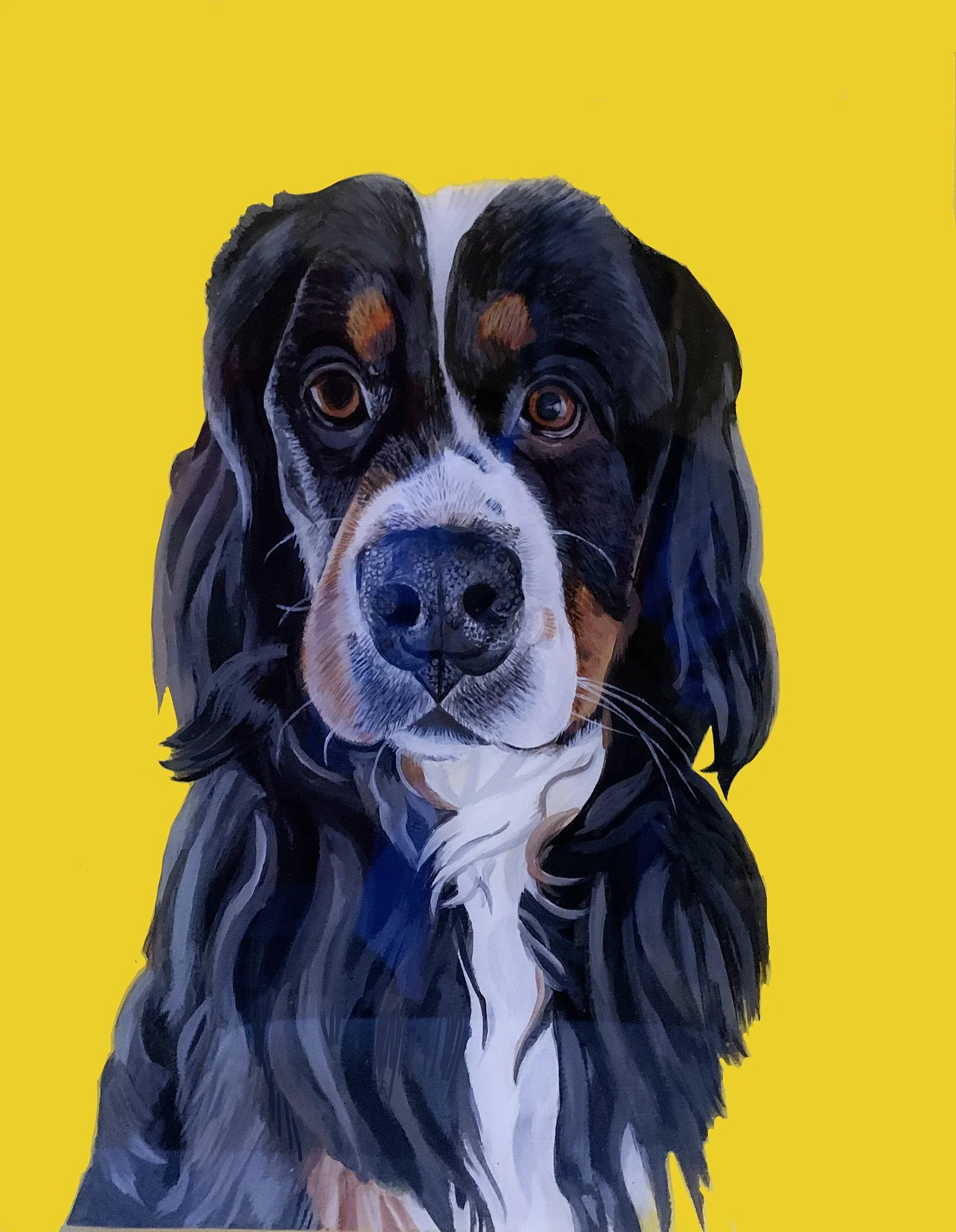 Painting of Burmese Mountain Dog. Acrylic on wood with resin coating.