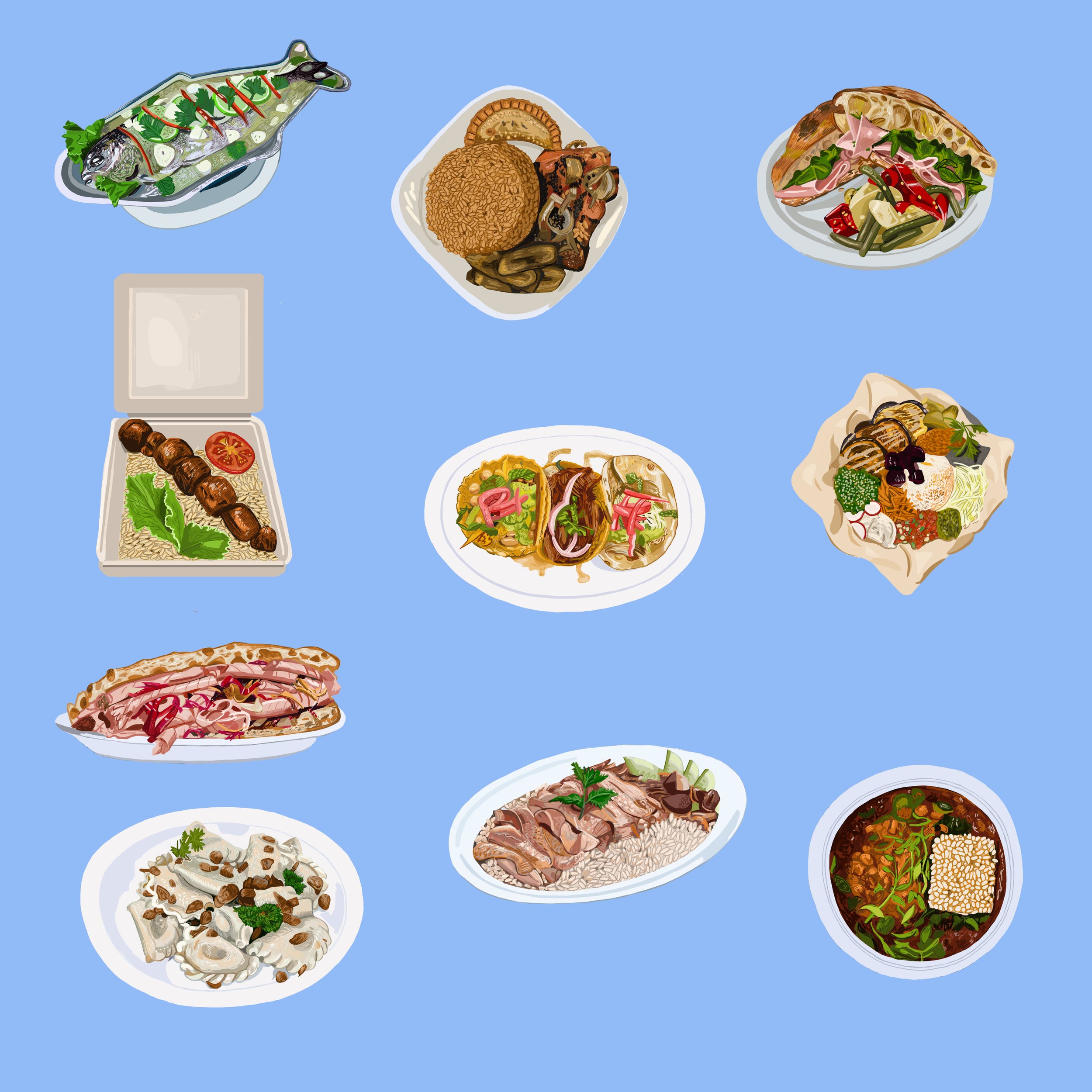 Assorted dishes on a blue background, including a fish, a plate with rice and vegetables, a salad, taco, noodle dish, hot dog, grilled meat, and a bowl of soup.