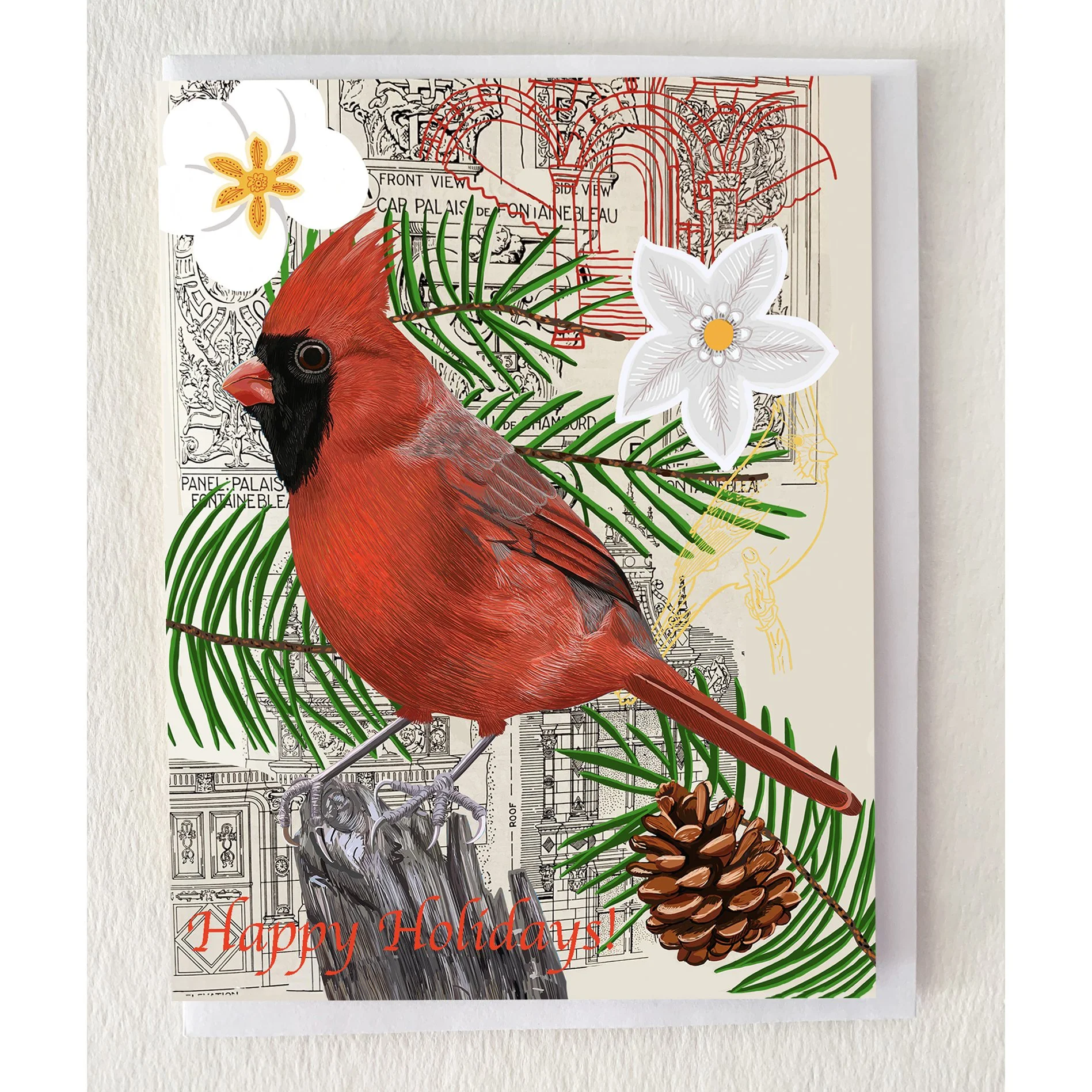 Red Cardinal with Pine Collage Holiday Card
