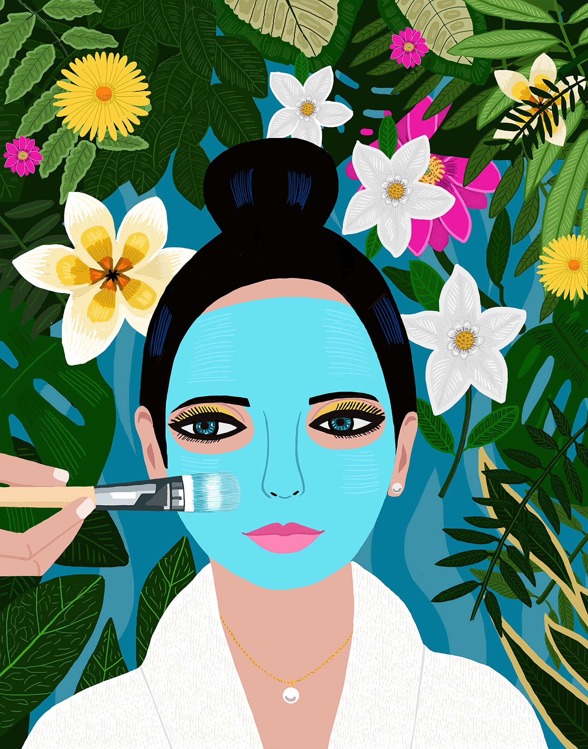 Illustration of a woman with her face painted blue, lying among tropical flowers and green leaves, receiving a makeup brush on her cheek.