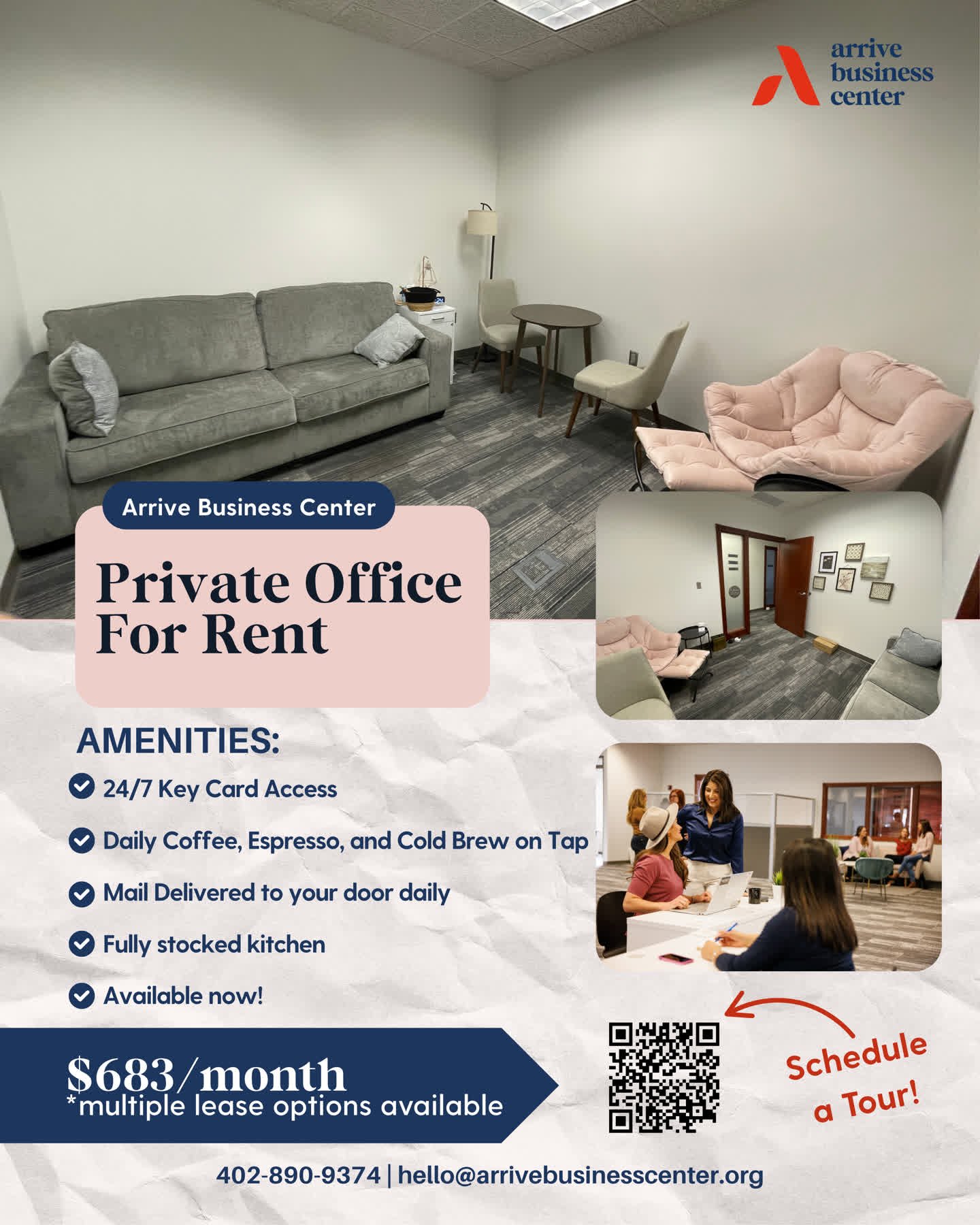 ✨ Office Available in Our Wellness Wing! ✨
Need a peaceful, private space to meet with clients or focus on your work? One of our cozy offices just opened up&mdash;and it won't last long!
Enjoy 24/7 access, daily coffee + cold brew, mail delivery, and