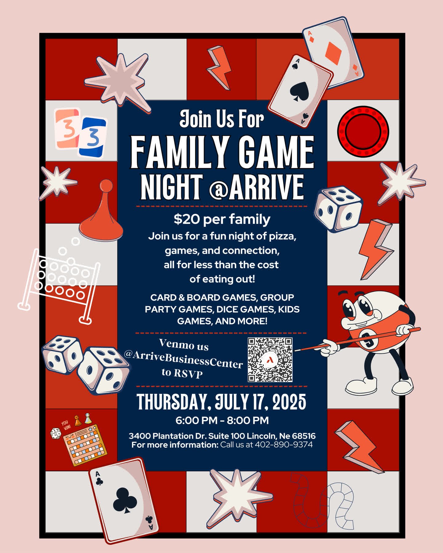 🎲✨ FAMILY GAME NIGHT at Arrive! ✨🎲
Bring your whole crew for a fun, relaxed night of pizza, board games, card games, and more, all for just $20 per family!
🗓️Date: Thursday, July 17, 2025
📍Location: Arrive Business Center
🍕Pizza included
👨&zwj;
