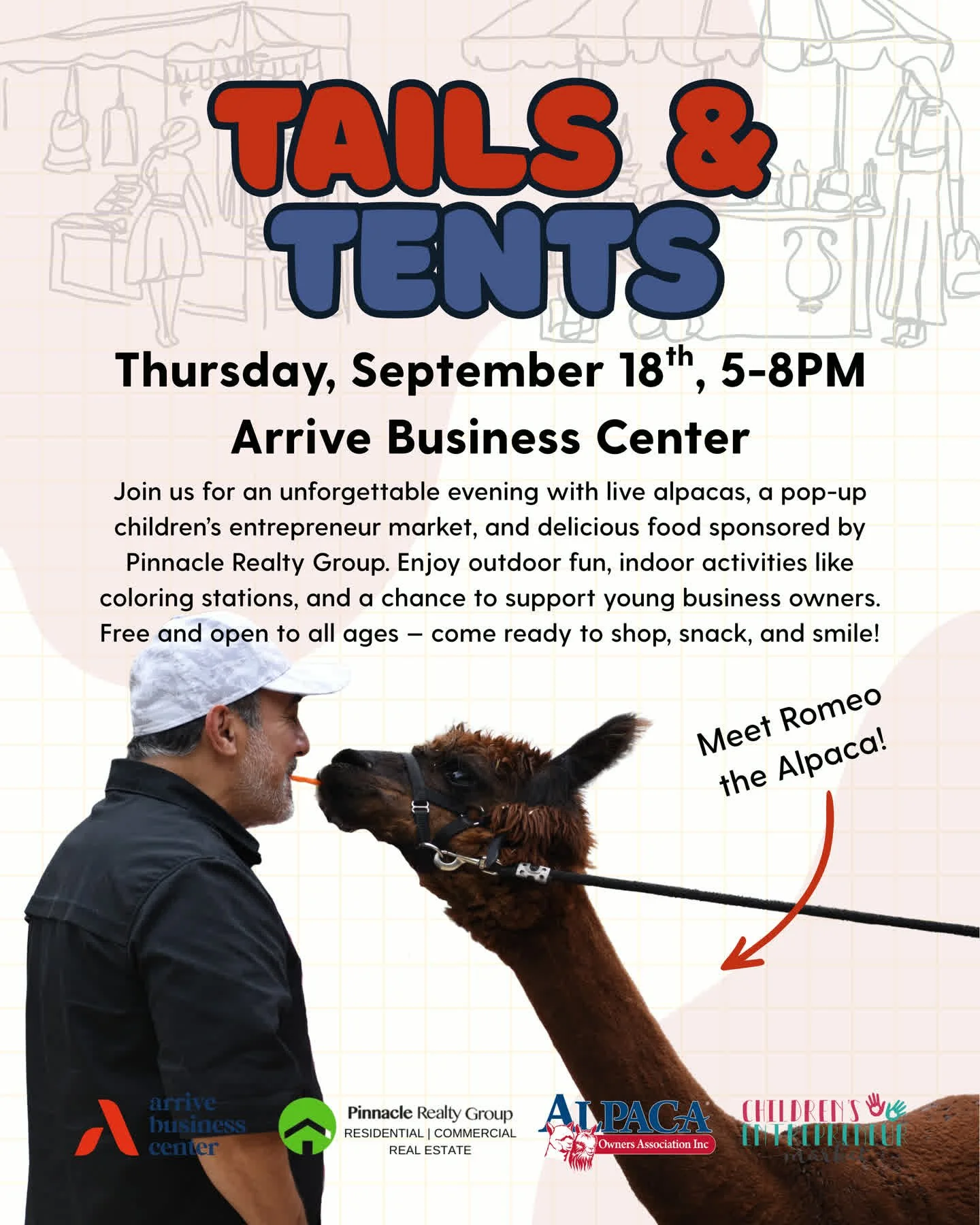 An evening full of alpacas 🦙, shopping 🛍, food 🍴, and fun 🎨 is headed your way! The countdown is on for Tails &amp; Tents.
📆 Tag your friends and plan your Thursday night adventure!