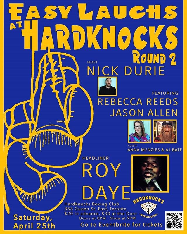 Just Announced!! Easy Laughs at Hardknocks, Round 2!! Saturday, April 25th at 9pm, with Headliner Roy Daye, feature acts @rebeccareeds &amp; @jasonacomedy, and openers AJ Bate and Anna Menzies. Link in bio for tickets.