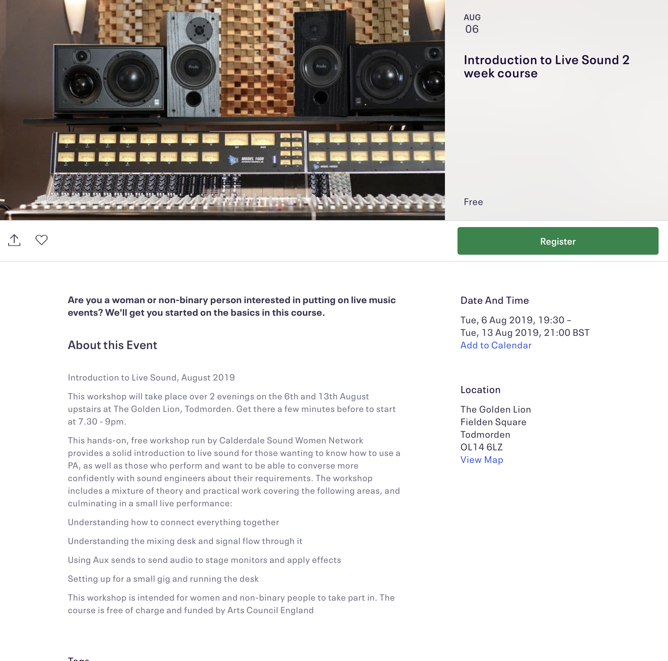 Introduction to Live Sound workshops, August 2019