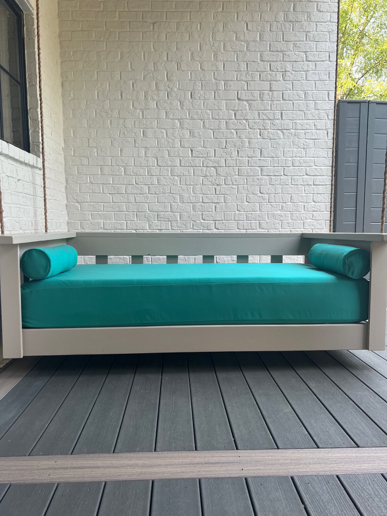 In Stock Ready to Ship Sunbrella Outdoor Twin Size Mattress Cover and Pair  Of Matching Bolster Pillows in Aquamarine — Outdoor Alcove