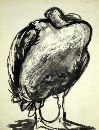   Description:  Sleeping crane   Medium:  Ink on paper   Dimensions:   H: 11.25 in W: 9 in 