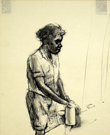   Description:   Woman collecting milk   Medium:   Ink on paper   Dimensions:    H: 7 in   W: 6 in 