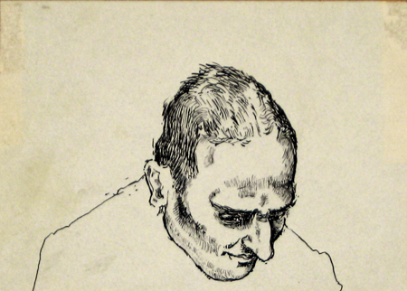   Description:   Man looking down   Medium:   Ink on paper   Dimensions:    H: 3.75 in  W: 5.25 in 