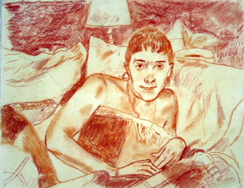   Description:   Portrait of Katherine in bed   Medium:   Pastel and sepia pencil on paper   Dimensions:    H: 13 in   W: 17 in 