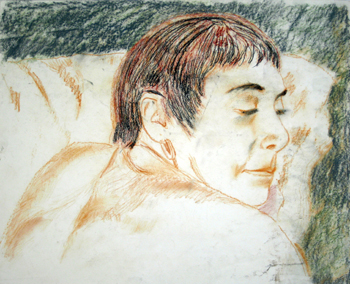   Description:   Katherine sleeping   Medium:   Pastel and sepia pencil on paper   Dimensions:    H: 14 in   W: 17 in 