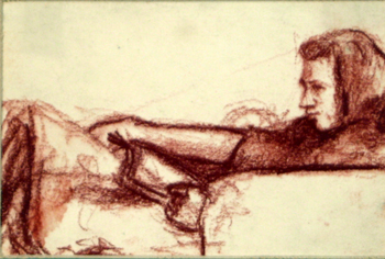   Description:   Reclining man reading   Medium:   Pastel on paper   Dimensions:    H: 3.5 in   W: 5.25 in 