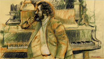   Description:  Man in front of piano   Medium:  Pastel on paper   Dimensions:  H: 9.25 in W: 16.25 in 